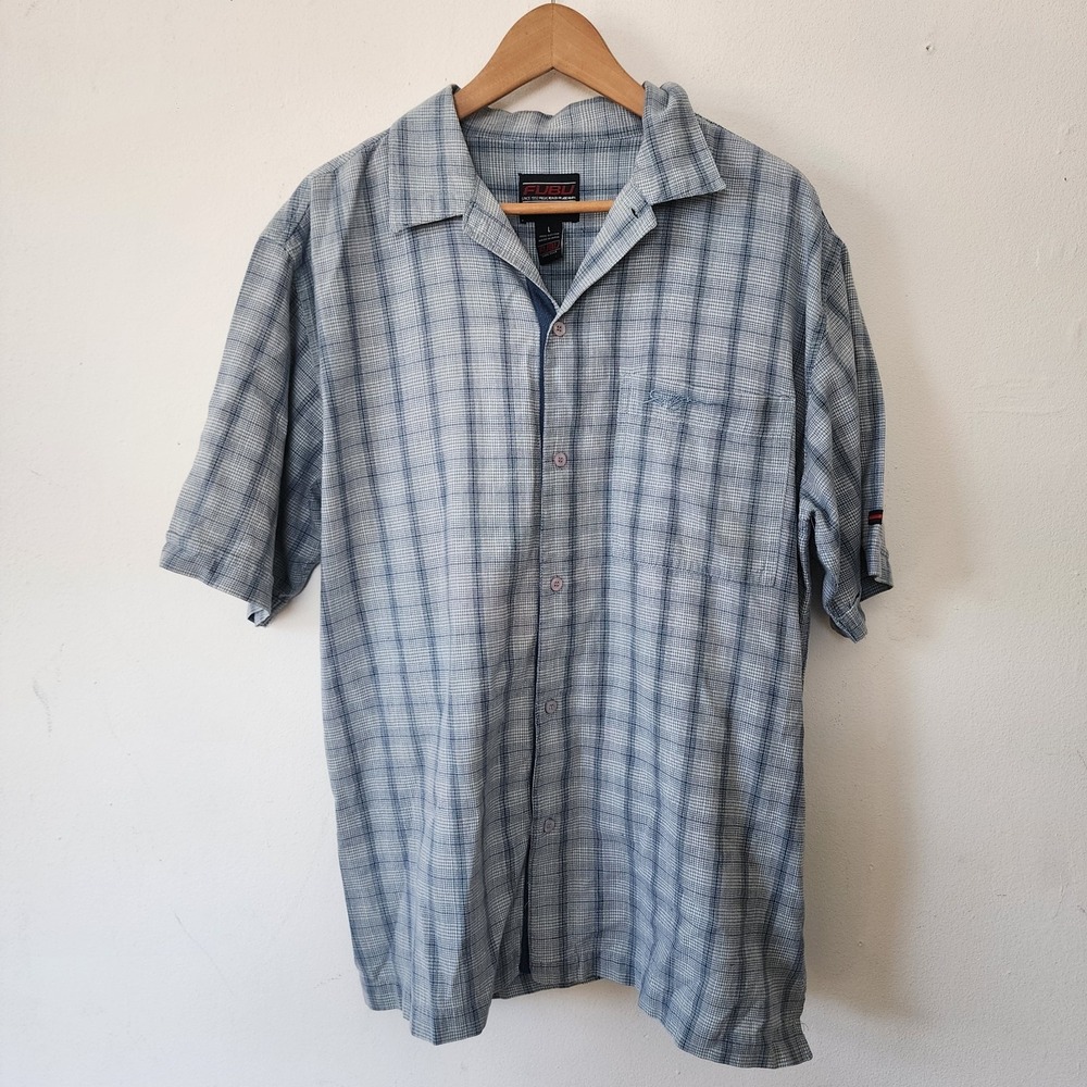 Y2K Mens Fubu Button Down Top Size Large Blue Plaid